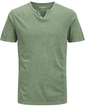 Jack & Jones T-Shirt JJESPLIT Neck Tee SS mit Splitneck-Ausschnitt und zwei Deko-Knöpfen - Grün
