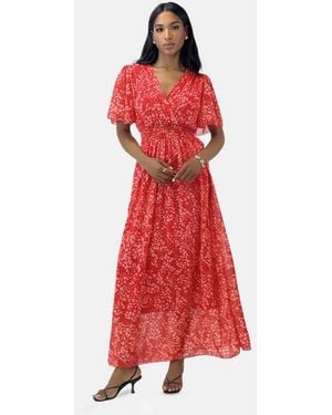 Elara Maxikleid Damen Maxikleid Mit V-Ausschnitt, Chiffon-Optik & Gesmokter Taille (1-Tlg) - Rot