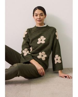 MORE&MORE Rundhalspullover Süßer, Kastiger 3/4 Arm-Blumen-Pullover - Grün