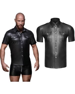 NOIR HANDMADE Kurzarmhemd Wetlook- H011 T-Shirt Männer Hemd mit Knopfleiste, Made in EU - Schwarz