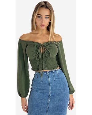 Elara Blusentop — Damen Off-Shoulder Bluse Mit Smoktaille, Bindeband & Ballonärmeln Gesmokter Saum Mit Bindeband Und Cut-Out-Detail - Grün