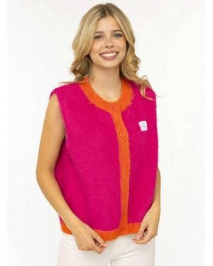 Zwillingsherz Strickweste "Zh Patch" Farbige Kanten, Logopatch, Mit Knöpfen, Rundhals - Pink