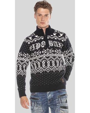 Cipo & Baxx Strickpullover Pullover mit winterlichem Motiv - Grau