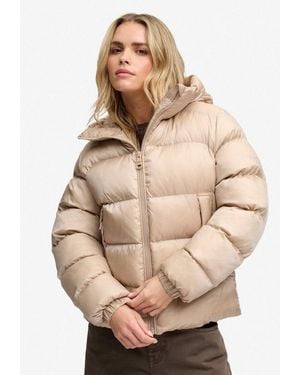 Superdry Steppjacke Hooded Shine Puffer Jacket Kunstfaser, Slim Fit - Natur