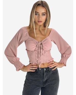 Elara Blusentop – Damen Crop Bluse Mit Schnürung, Carmen-Ausschnitt Und Puffärmeln - Pink