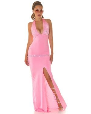 Koucla Maxikleid großem Schlitz und verziert mit Strassteinen, Abendkleid Ballkleid - Pink