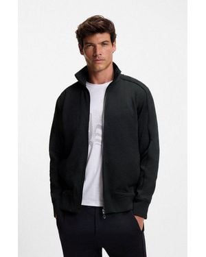 BOSS Sweatjacke Mirror Flachstrickkragen, Regular Fit, Reißverschluss, Gesteppter Jacquard - Schwarz