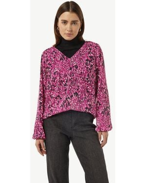 Comma, Langarmbluse Bluse Gemusterte Chiffon-Bluse Mit V-Ausschnitt - Rot