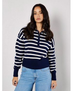 Apricot Strickpullover Streifen-Pullover Mit Reißverschluss - Blau