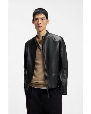 HUGO Lederjacke Likos Stehkragen Mit Knopf, Echtes Leder, Slim Fit - Schwarz