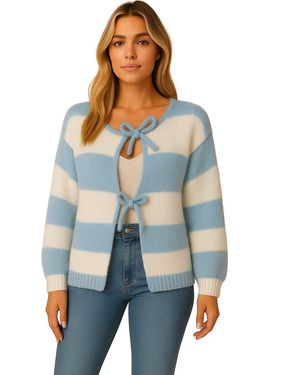 Worldclassca Cardigan Cardigan Oversize Strickjacke mit Schleife Streifen Neue Kollektion - Blau