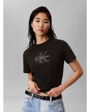 Calvin Klein T-Shirt Glitzer Logo, Regular Fit, Rundhalsausschnitt - Schwarz