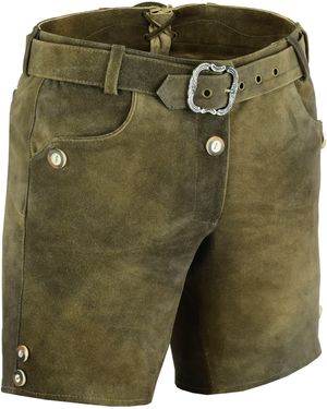 Fuente Leather Wears Bayerische Trachtenlederhose kurz mit Gürtel, Ziegenleder, Braun - Grün