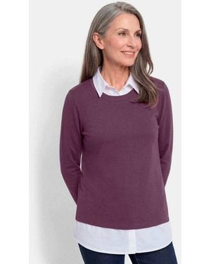 Goldner Longshirt Elegantes 2-In-1 Business-Oberteil Langarm-Shirt Mit Hemdkragen Und Hemdsaum, Hüftumspielend, Baumwolle - Lila