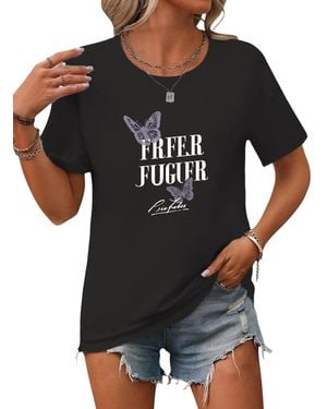 PYL Sommer Casual Bequemes T-Shirt mit Schmetterling Brief Print Tee Bequem für Freizeit und Büro,Strandurlaub - Schwarz