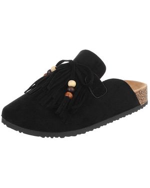 Ital-Design Damen Clog Mit Fransen Und Perlen, Schlupfschuh Pantolette (91742380) Flach Pantoletten - Schwarz