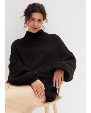 bonprix Strickpullover Mit Wollanteil, Mit Stehkragen, Oversized, Markante Nähte - Schwarz