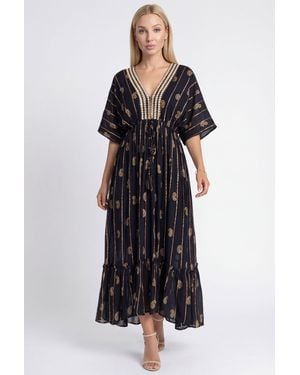 YC Fashion & Style Maxikleid Boho-Sommerkleid mit goldfarbenem Paisley-Print One Size 34-40 aus Visksose - Schwarz
