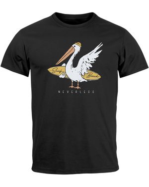 Neverless T-Shirt Pelikan Surfer Surfboard Printshirt Männer mit Print - Schwarz