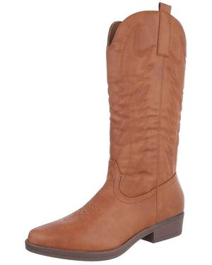 Ital-Design Elegante Damen-Stiefel Mit Kunstvollem Design Und Komfort Westernstiefel (90482536) Blockabsatz Flache Stiefel - Braun