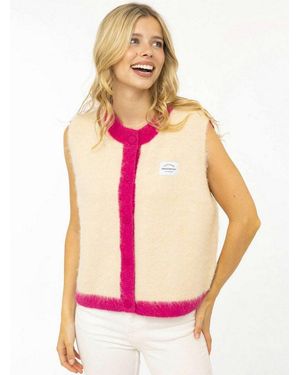 Zwillingsherz Strickweste "Zh Patch" Farbige Kanten, Logopatch, Mit Knöpfen, Rundhals - Pink
