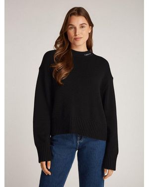 Calvin Klein Strickpullover Logo Embro Sweater Baumwoll-Woll-Mix - Schwarz