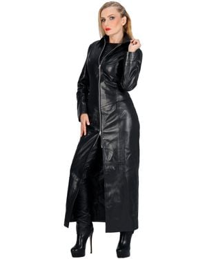 Fetish-Design Ledermantel Lara Schwarz mit Corsage hinten tailliert weiches Lamm Nappa Leder knöchellang