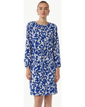 Comma, Minikleid Midikleid (1-tlg) Loose Fit, langarm, Muster, Print, Bindegürtel - Blau