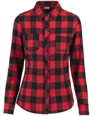 Urban Classics Langarmhemd Damen Ladies Turnup Checked Flanell Shirt (1-Tlg) - Rot