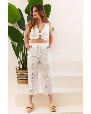 Lelü Fashion Stoffhose aus Lochspitze weiß blickdichte durch eingenäht Hose darunter