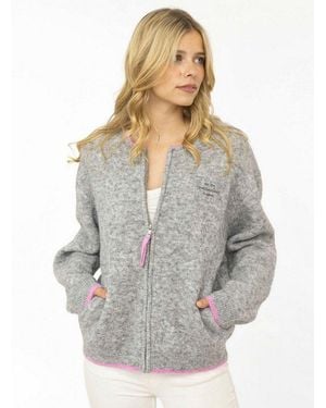 Zwillingsherz Strickjacke "Zh" Mit Reißverschluss, Eingriffstaschen, Logopatch, Farbige Kanten - Grau