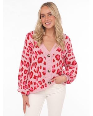 Zwillingsherz Strickjacke "Big " mit Knöpfen und auffallendem Leo Muster, One Size - Rot