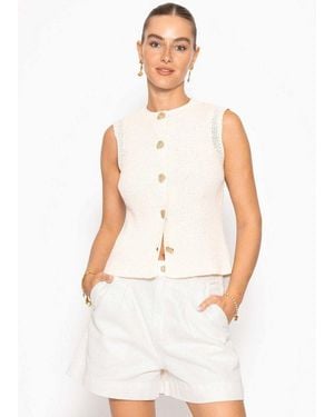 SassyClassy Stricktop Strick Top Mit Muschelknöpfen Für Damen Ärmelloses Top Mit Rundhalsausschnitt Und Lochstrick Details - Weiß