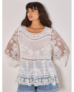Apricot Blusentop Besticktes Mesh-Oberteil, in oversized Passform - Grau