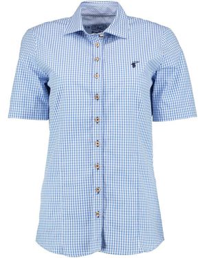 OS-Trachten Trachtenbluse Xulani Tailliert, 1/2-Arm, Haifischkragen, Hirschkopf-Stickerei - Blau