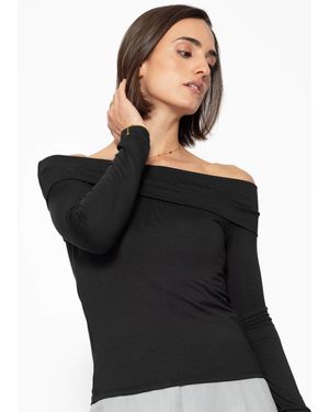 SassyClassy Langarmshirt Carmen-Ausschnitt Elegant Figurbetontes Shirt mit schulterfreiem Schnitt Schwarz Taupe