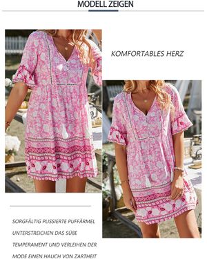 MAGICSHE Strandkleid Bohemia Blumendruck V-Ausschnitt mit Quaste Minikleid - Pink