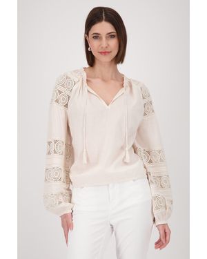 Monari Langarmbluse Bluse Spitzeneinsatz Mit Rundhalsausschnitt - Natur