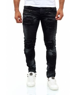 KINGZ Slim-fit- Destroyed Biker Jeans Batik Look Schwarz W29/L34 - Blau