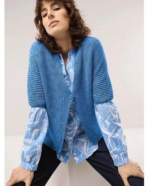 Walbusch Strickweste Damen Bändchengarn Strickweste V-Ausschnitt Atmungsaktiver Baumwollmix, Rippenstruktur, Modischer 1‑Knopf - Blau
