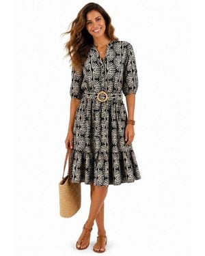 Sublevel Sommerkleid Sommerkleid Mit Print Und Gürtel Freizeitkleid 3/4 Arm Kleid Volant - Schwarz