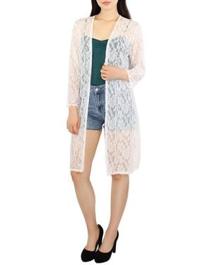 dy_mode Long Cardigan Spitzenmuster Langarm Sommerjacke Durchsichtig in Unifarben - Weiß