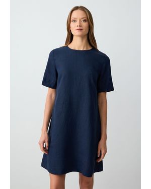 Jimmy Key Minikleid aus Leinen mit Rundhalsausschnitt und kurzen Ärmeln - Blau