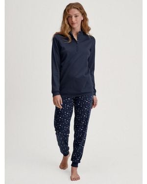 CALIDA Schlafanzug Midnight Dreams (2 Tlg) V-Ausschnitt, Langarm, Single Jersey Qualität, Weich - Blau