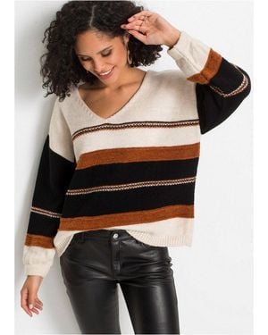 bonprix V-Ausschnitt-Pullover Aus Weichem Materialmix, Mit V-Ausschnitt, Lässig Geschnitten - Mehrfarbig