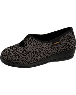 Fischer MARKENSCHUH Dora Hausschuh Leoprint, Weite H, Frotteefutter, Zum Schlupfen - Schwarz