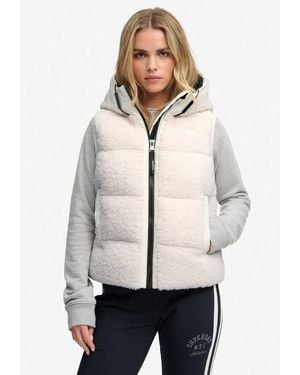 Superdry Steppweste Borg Baffle Gilet Kunstfaser, Straight Fit, Außen Mit Teddyfell - Natur