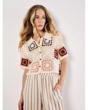 Apricot Shirtbluse Gehäkeltes Blusentop Mit Quadratischem Häkelmuster - Natur