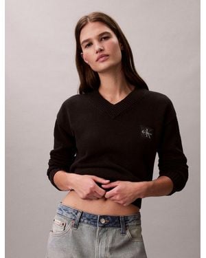 Calvin Klein V-Ausschnitt-Pullover Feinstrick, Taillenlang - Schwarz