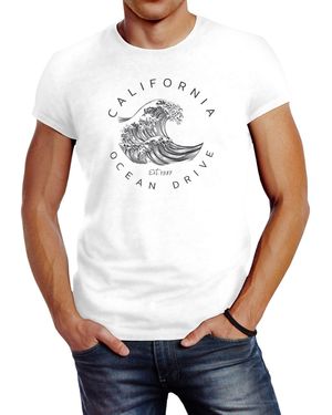 Neverless T-Shirt Welle Wave California Ocean Drive Surf Summer Slim Fit mit Print - Weiß